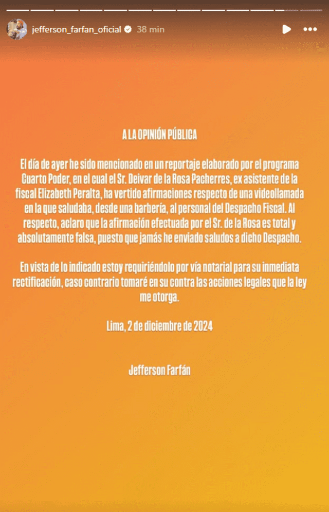 Comunicado de Jefferson Farfán. Foto: captura de Instagram   