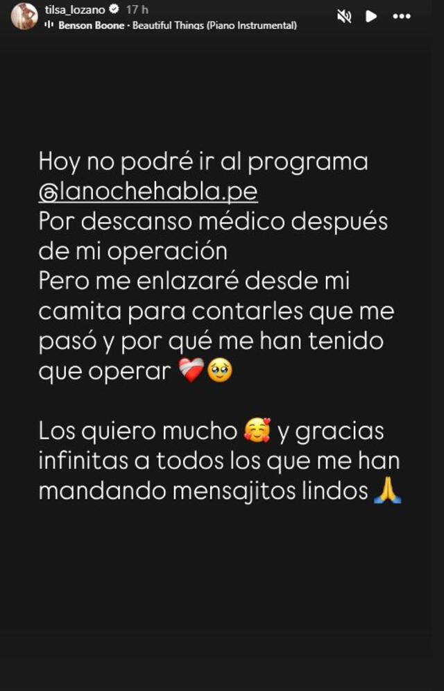 Mensaje de Tilsa Lozano. Foto: captura Instagram   