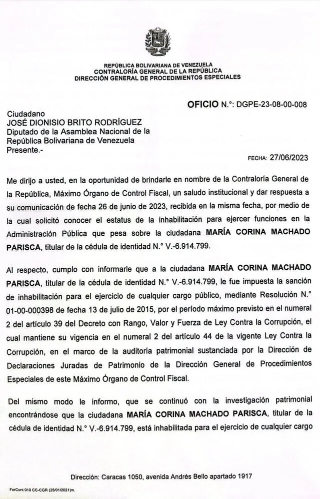 Inhabilitación de Maria Corina Machado | Jose Brito Diputado | Contraloría General de la República | Venezuela