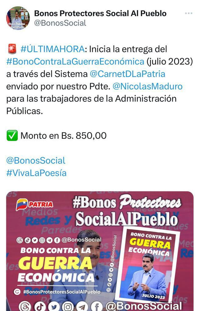 El viernes 14 de julio comenzó el pago del Bono de Guerra Económica para los empleados públicos activos. Foto: Bonos Social/Twitter
