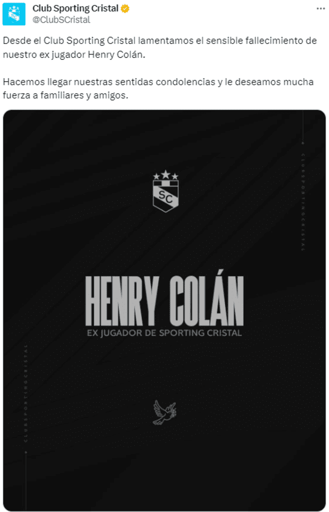  Mensaje de la Sporting Cristal sobre la muerte de Henry Colán. Foto: Twitter/Sporting Cristal.   