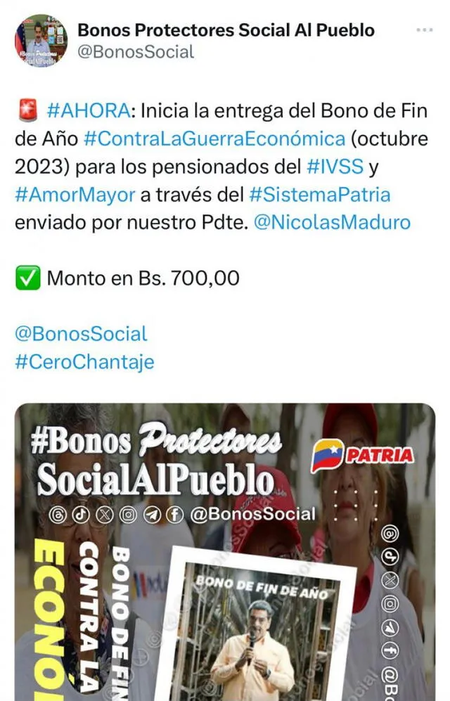 El mes pasado, el pago del Bono de Guerra a pensionados llegó el viernes 20 de octubre. Foto: Bonos Social/X