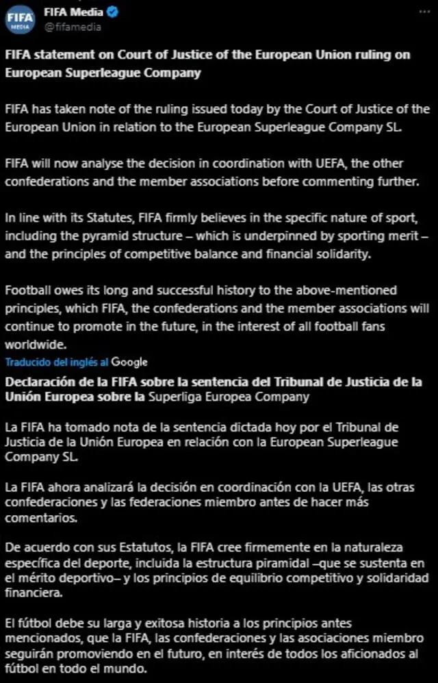 Comunicado de FIFA sobre el fallo del TJUE acerca de la Superliga. Foto: captura X   