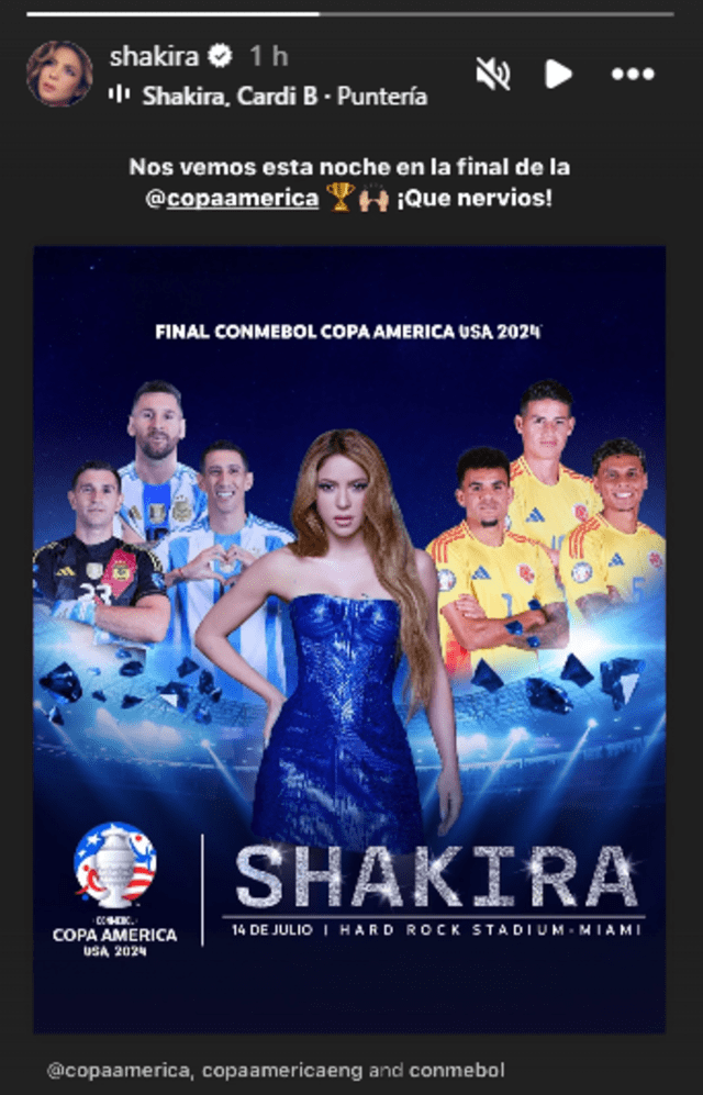  Shakira revela su emoción y nerviosismo previo a la final de la Copa América 2024. Foto: Instagram/Shakira   