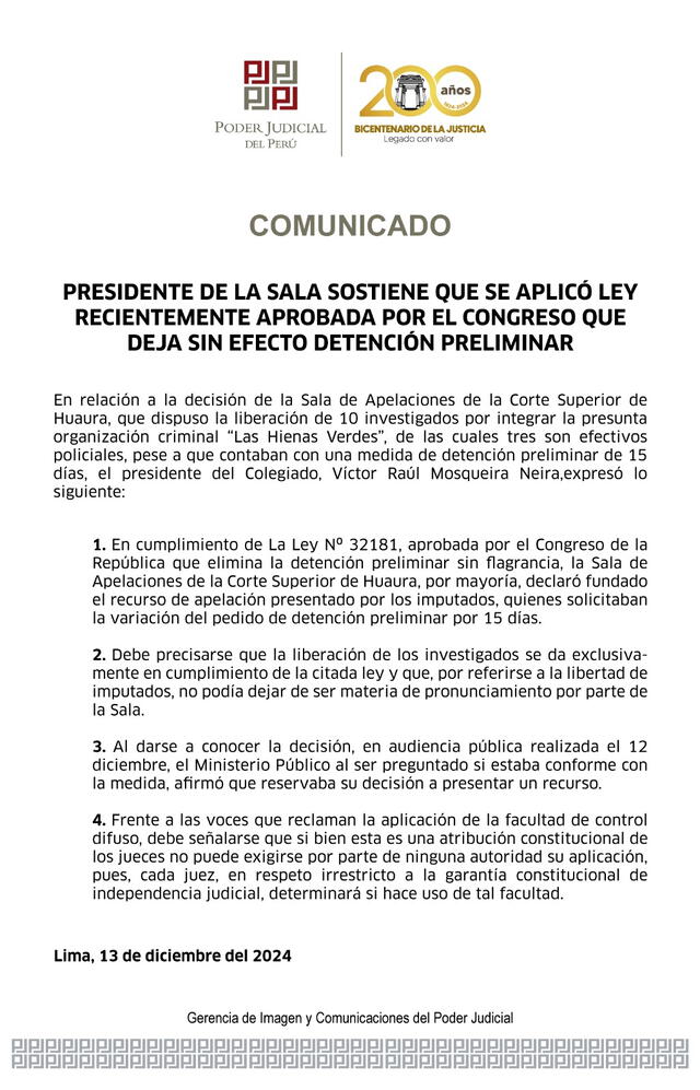  Juez dice que se liberó a presuntos integrantes de 'Las Hienas Verdes' por ley aprobada por el Congreso. Foto: Poder Judicial    