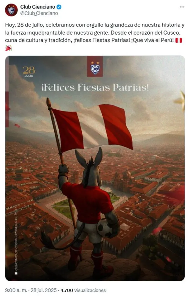 Desde el Cusco mensaje por Fiestas Patrias. Foto: vía X Desde el Cusco mensaje por Fiestas Patrias. Foto: vía X