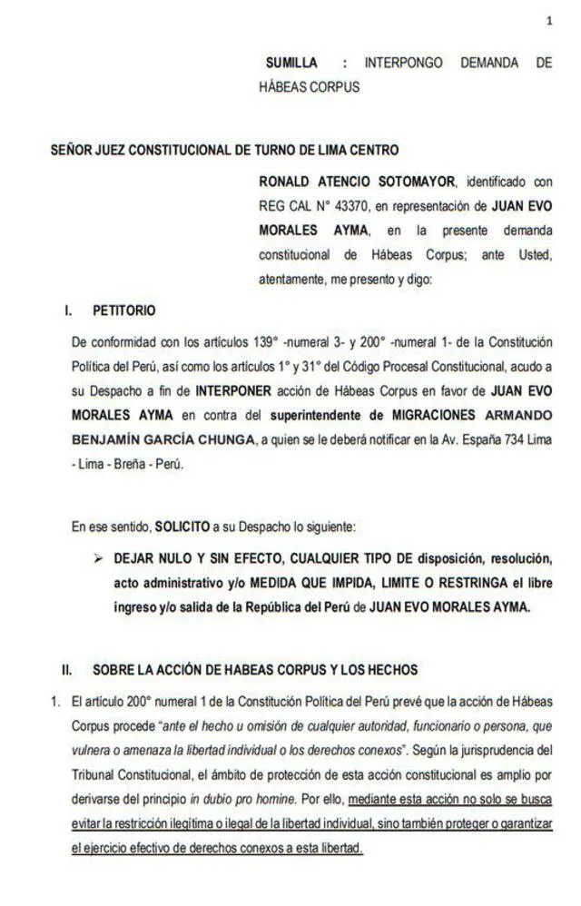Habeas corpus a favor de Evo Morales.