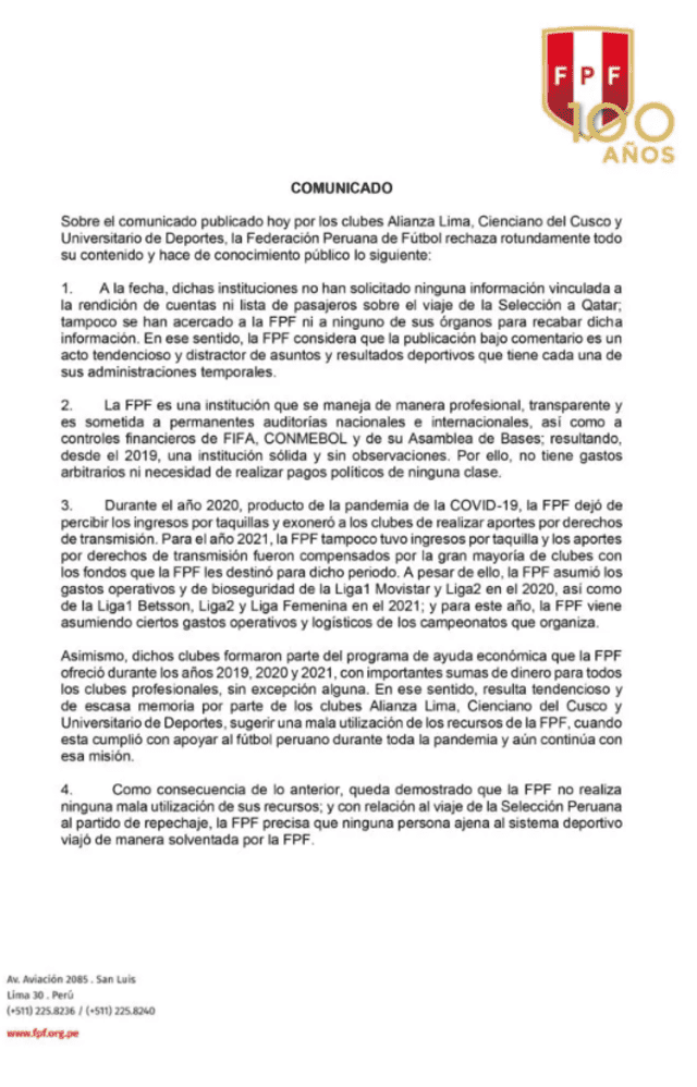 FPF respondió a Alianza Lima, Universitario y Cienciano