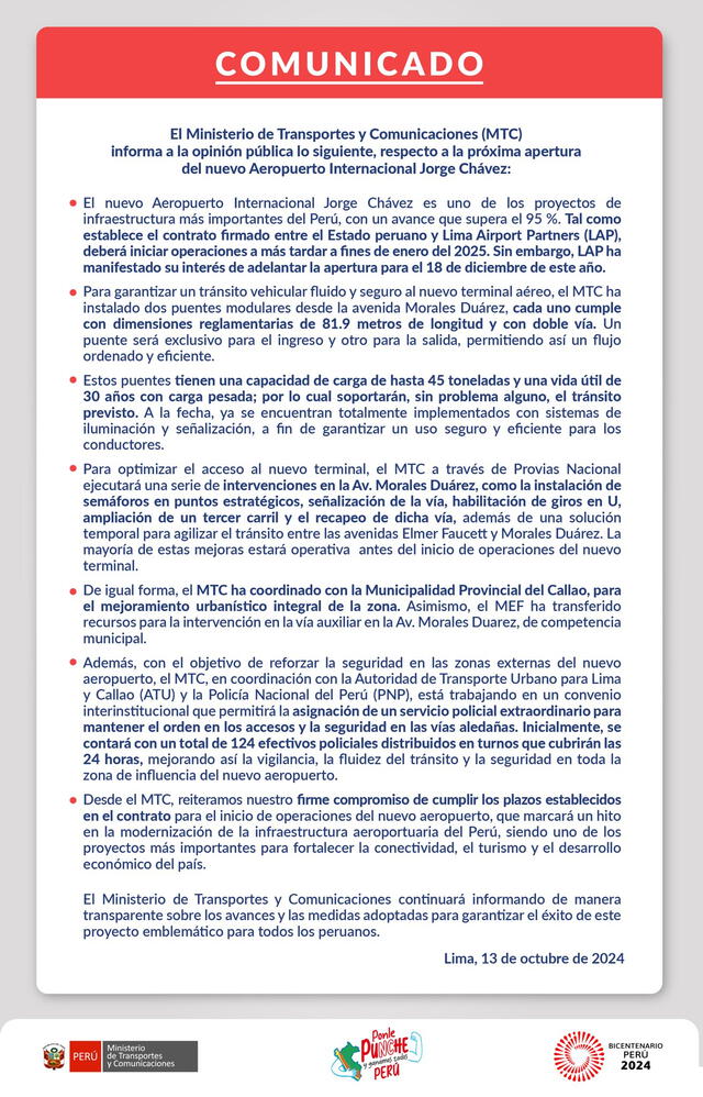  El MTC, a través de su cuenta oficial de X, compartió un comunicado. Foto: X/Ministerio de Transporte y Comunicaciones   