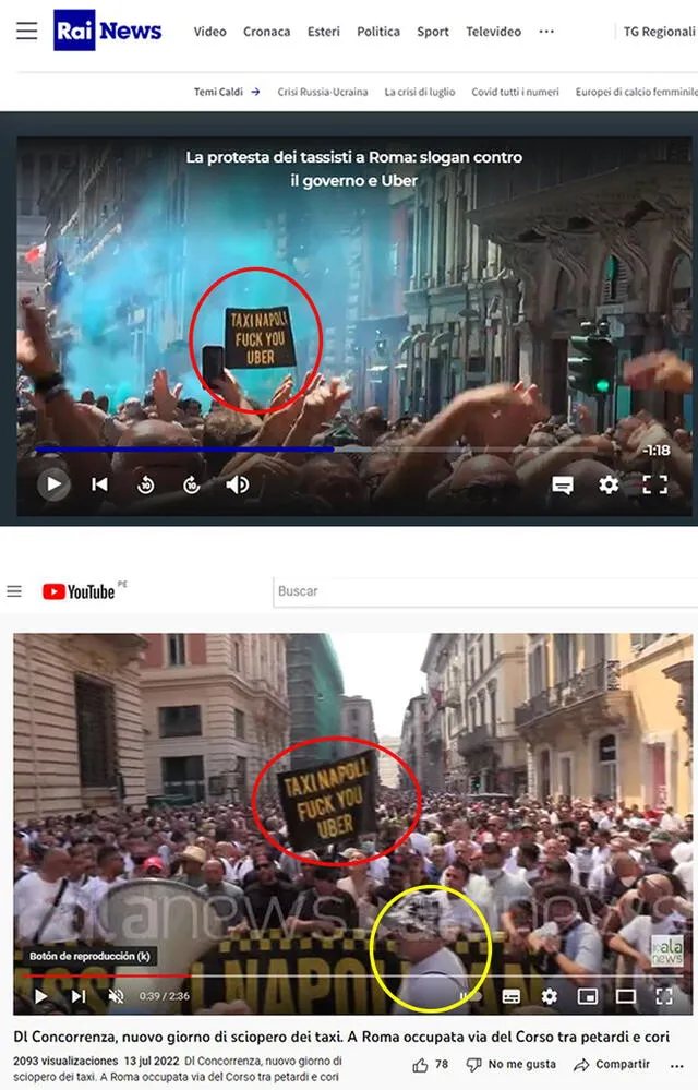El mismo texto de un cartel aparece en los videos de Rai News y Ala News. Foto: composición.