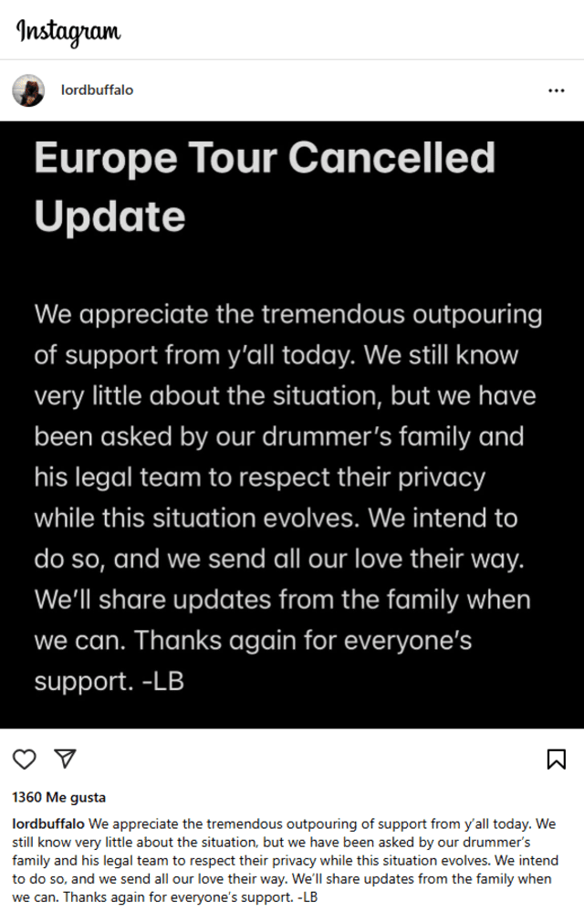 Lord Buffalo announces the cancellation of their European tour. Photo: Lord Buffalo's Instagram Lord Buffalo announces the cancellation of their European tour. Photo: Lord Buffalo's Instagram