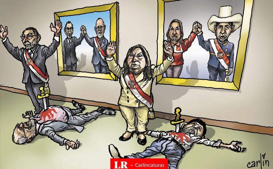 Caricatura política de Carlincatura del 26 de marzo de 2025, Dina Boluarte, Martín Vizcarra, Pedro Castillo, Pedro Pablo Kuczynski