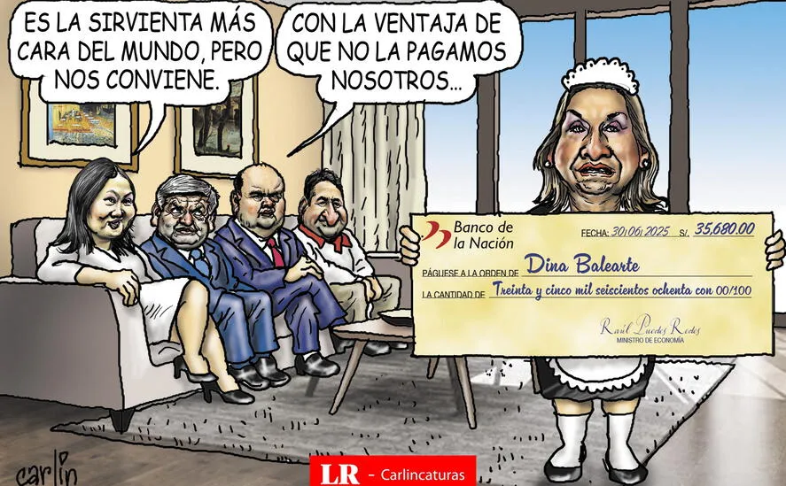 Caricatura política de Carlincatura del 4 de julio de 2025, Keiko Fujimori, César Acuña, Rafael López Aliaga, Vladimir Cerrón, Dina Boluarte