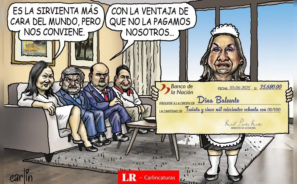 Caricatura política de Carlincatura del 4 de julio de 2025, Keiko Fujimori, César Acuña, Rafael López Aliaga, Vladimir Cerrón, Dina Boluarte